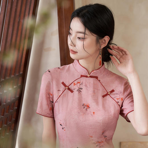 新中式旗袍小清新改良连衣裙新款夏竹叶花色古典短袖裙子V1231333 商品图5