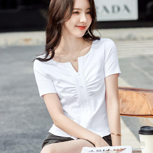 棉质纯欲风V领纽扣高级感褶皱高腰T恤ZS232 商品图2