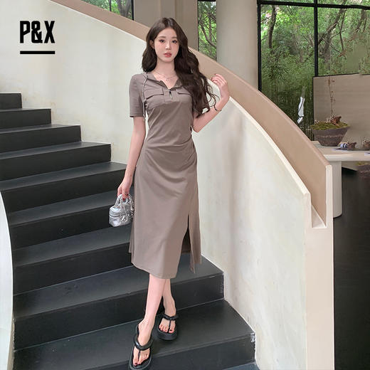 P&X设计师女装夏季气质修身包臀开叉连帽连衣裙 824208270 咖色 商品图0