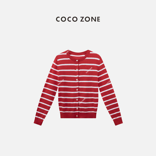 COCO ZONE "红条开衫"时尚条纹圆领长袖针织开衫单排扣上衣CC2B0970 商品图2