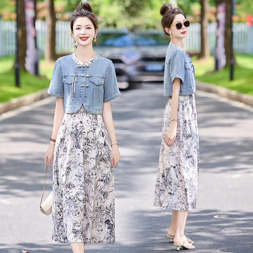 时尚新中式显瘦，气质牛仔短袖碎花裙套装HR-GRS3363 商品图1