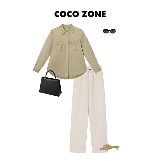 COCOZONE 复古系翻领气质长袖毛呢口袋衬衫春季23C19147 商品图3