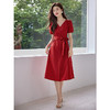 【1件69折】熙世界高级感红色连衣裙夏季新款休闲复古系带收腰V领衬衫裙子 商品缩略图1