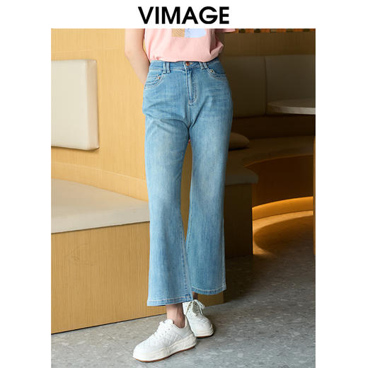 VIMAGE纬漫纪时尚高腰百搭显瘦经典蓝色微喇牛仔裤夏季新款VB2405306 商品图1
