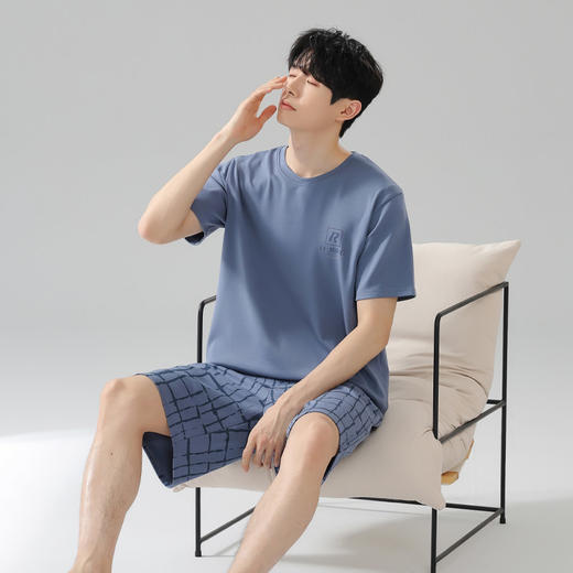  猫人男士短袖格纹蓝色家居服睡衣单套装KYM-5342 商品图1