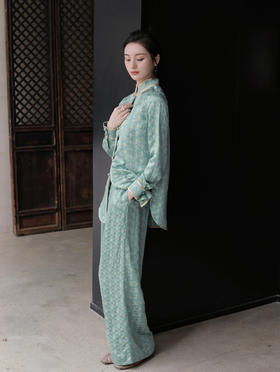 盛唐牡丹 |豆绿色真丝金丝格纹女裤（有内衬)