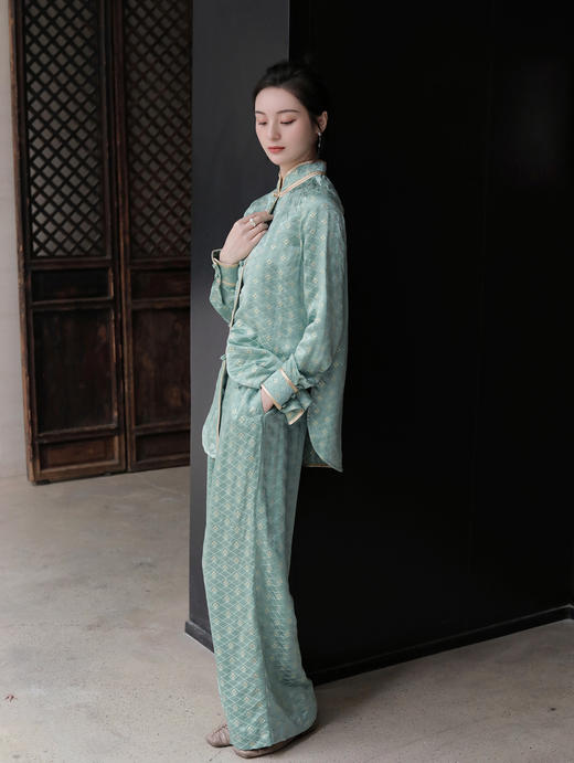 盛唐牡丹 |豆绿色真丝金丝格纹女裤（有内衬) 商品图0