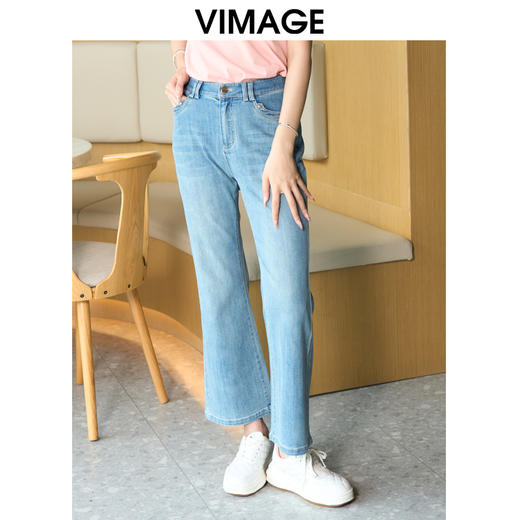 VIMAGE纬漫纪时尚高腰百搭显瘦经典蓝色微喇牛仔裤夏季新款VB2405306 商品图0