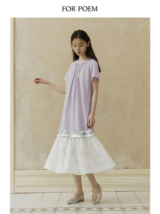 【会员周一口价】ForPoem 现货 24/SS原创设计夏季金属花边蕾丝拼接撞色圆领短袖连衣裙 商品图2