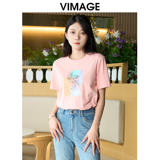 VIMAGE纬漫纪舒适纯棉百搭正肩直筒显瘦印花T恤上衣夏季新款VB2402304 商品图3