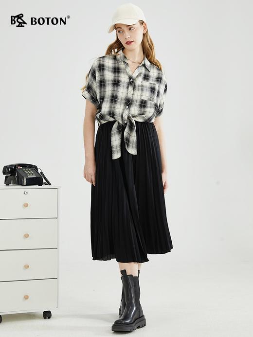 【醋酸速干】波顿春夏女高端黑白撞色拼接格子衬衫短袖LS836223 商品图1