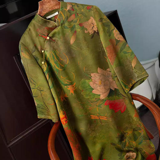 重磅缎面香云纱花萝中式复古旗袍裙，国风立领真丝连衣裙YSCL045 商品图0