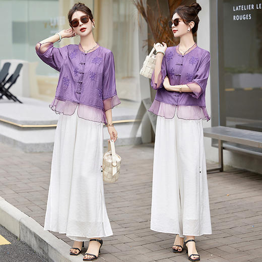 HRYM8868新中式国风刺绣棉麻套装女2024夏装新款时尚洋气减龄阔腿裤两件套 商品图2