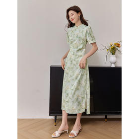 【专属特价】熙世界新中式改良旗袍裙夏季国风盘扣立领印花连衣裙开叉长裙子