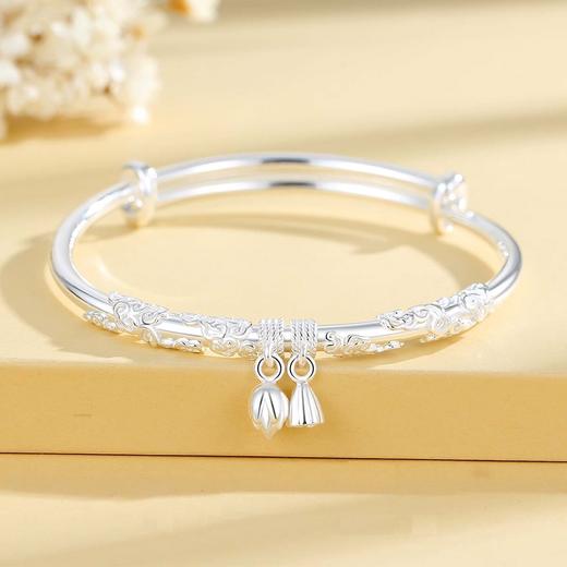 卡蒂罗/KADER 祥云莲手镯 999足银新中式古风花开并蒂莲花路路通可推拉花丝银镯 优雅美好福气绵延配饰 礼盒款女友 商品图1