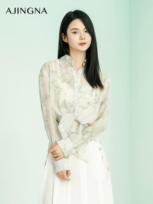 【商场同款】阿菁娜2024夏季新款印花宽松时髦衬衫A29X109010 商品图3