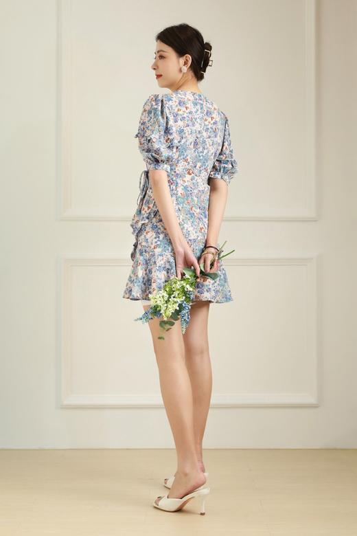 L.Fleuri V领泡泡袖荷叶边印花连衣裙 12357 商品图2
