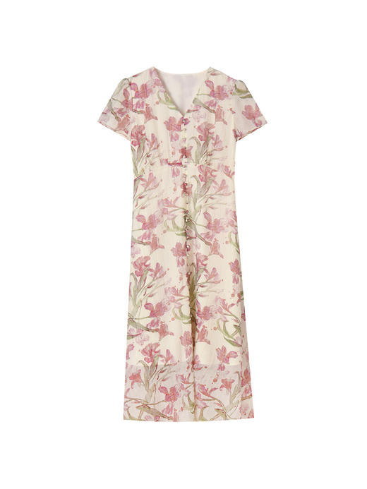 25严选夏褶皱天丝印花茶歇裙法式优雅V领气质收腰鸢尾花中长裙_HLY 商品图4