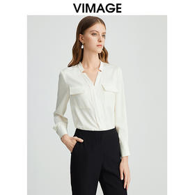 VIMAGE纬漫纪通勤OL气质V领直筒显瘦白色衬衫雪纺上衣秋新款VC2413402