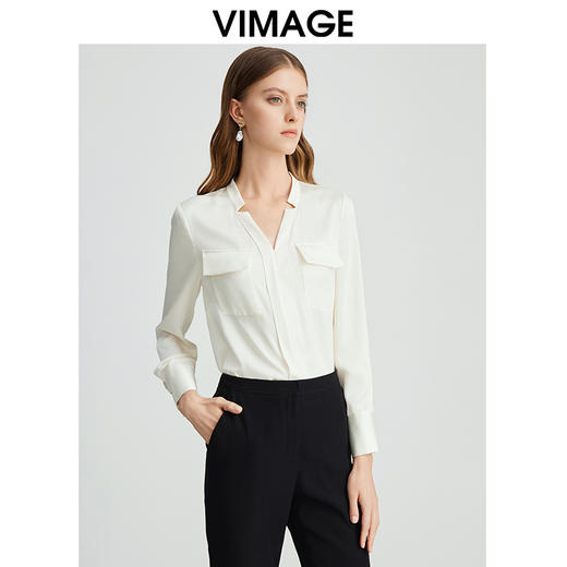VIMAGE纬漫纪通勤OL气质V领直筒显瘦白色衬衫雪纺上衣秋新款VC2413402 商品图0