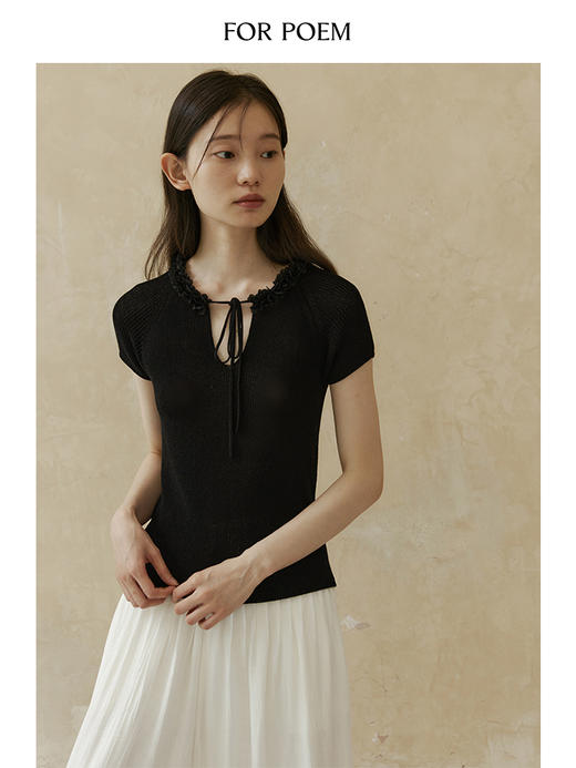 ForPoem 现货 24/SS原创设计夏季立体花边系带修身针织短袖上衣 商品图2