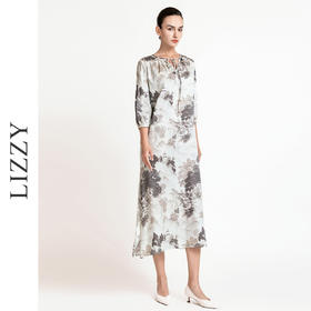 LIZZY 新中式山水画图案圆领中袖阔版型水滴V领连衣裙7941