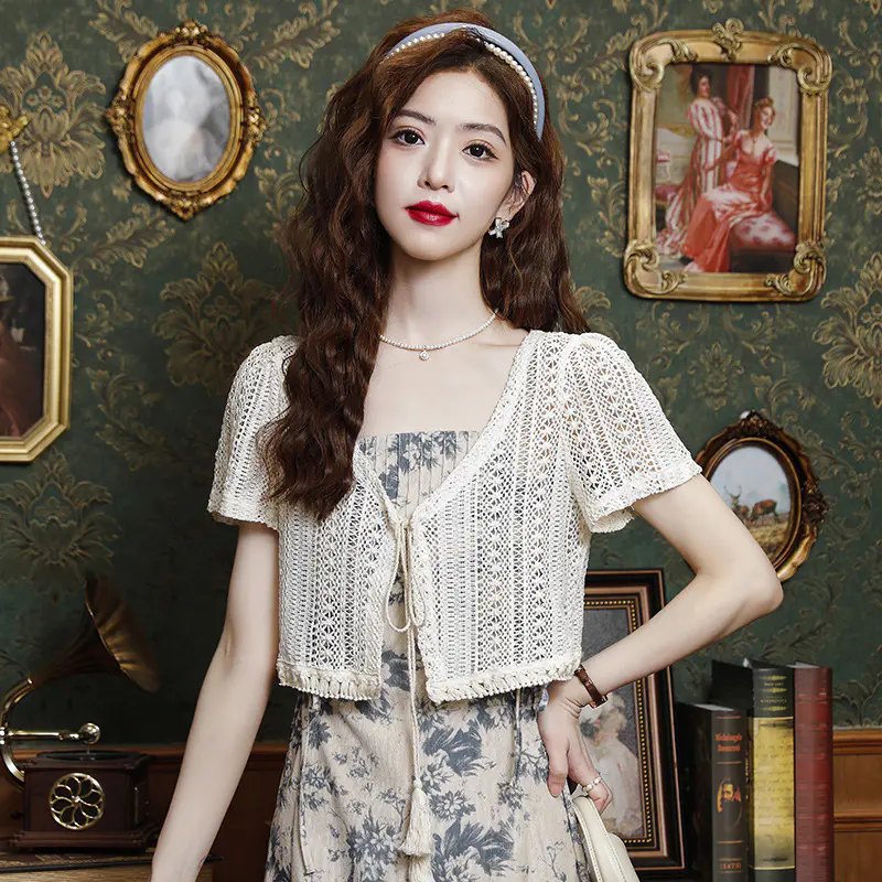 蕾丝镂空防晒开衫,外搭短款小披肩yh