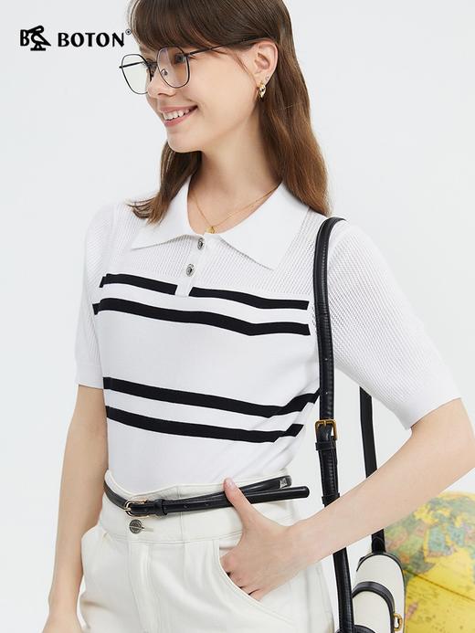 波顿女士春夏条纹T恤针织polo衫美式休闲高端短袖上衣LU108224 商品图1