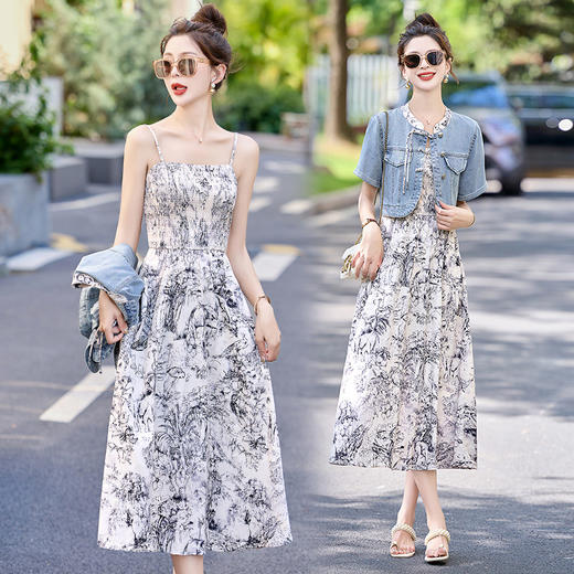 时尚新中式显瘦，气质牛仔短袖碎花裙套装HR-GRS3363 商品图2