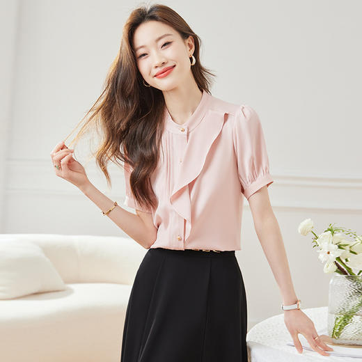 BMZ6798 2024年新款夏季设计感荷叶边圆领上衣时尚洋气职业衬衫女短袖衬衣 商品图2