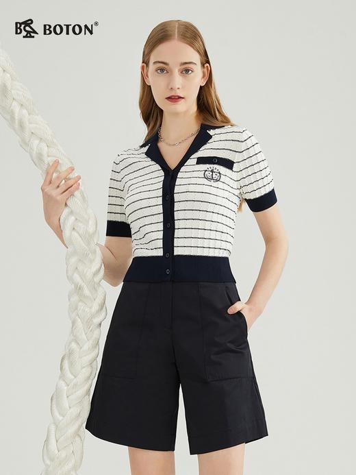 【质感海军风】波顿春秋女士V领短袖T恤黑白条纹理感潮高端LU103223 商品图4