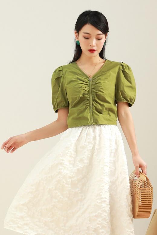 L.Fleuri 拉链褶皱泡泡袖上衣 12728 商品图0