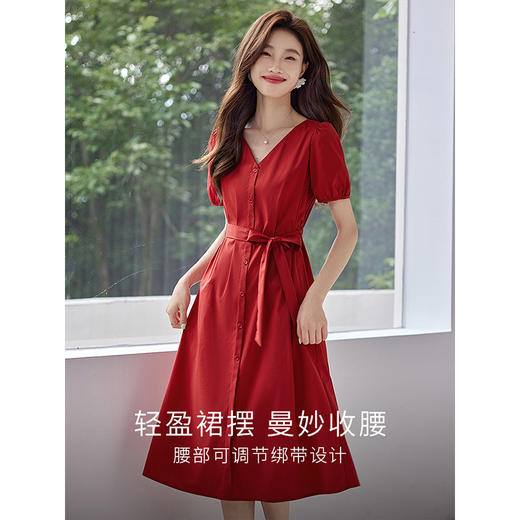 【1件69折】熙世界高级感红色连衣裙夏季新款休闲复古系带收腰V领衬衫裙子 商品图2
