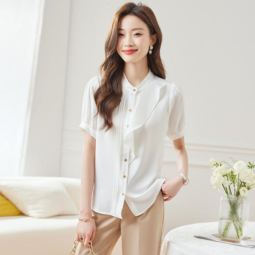 BMZ6798 2024年新款夏季设计感荷叶边圆领上衣时尚洋气职业衬衫女短袖衬衣 商品图1