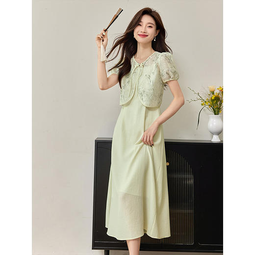 【五折购】熙世界新中式印花盘扣罩衫吊带连衣裙两件套夏女装国风套装裙子 商品图1