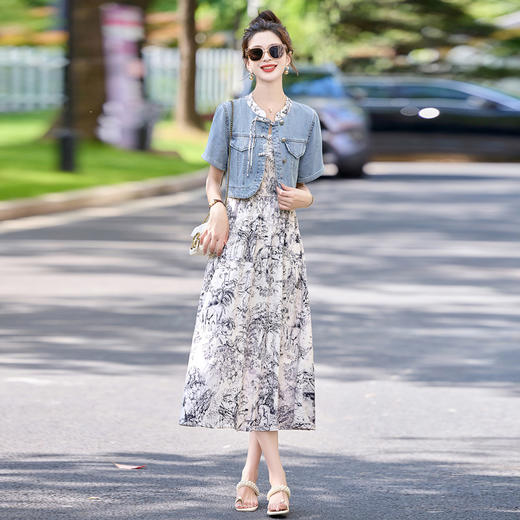 时尚新中式显瘦，气质牛仔短袖碎花裙套装HR-GRS3363 商品图0
