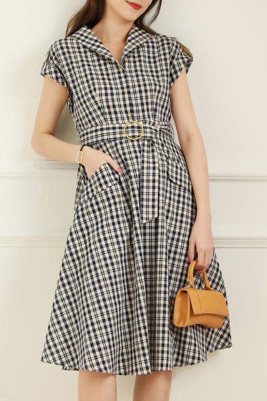 Le Malene 赫本风复古格纹小翻领连衣裙 12204 商品图3