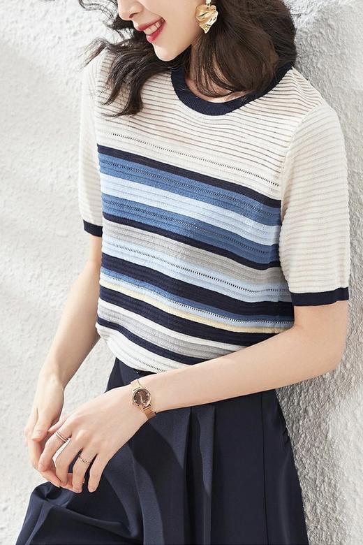 OSA欧莎 圆领清爽条纹针织上衣 12668 商品图1