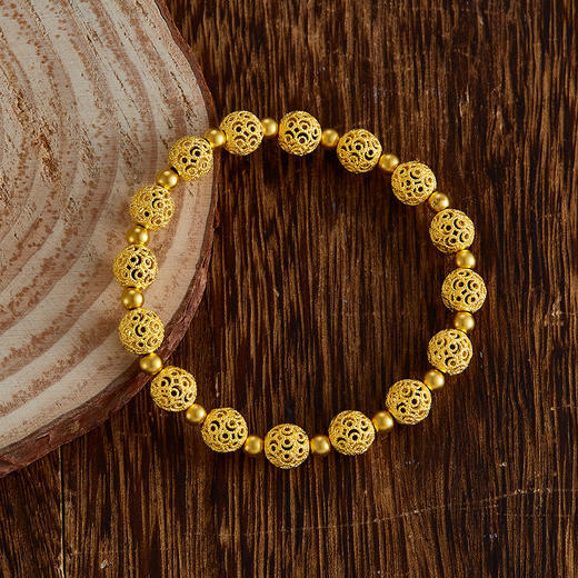 【限时克减150元】足金999 古法镂空花丝玲珑珠(珠约7.5mm)间光珠手串(YGFSC00073)补差价）补差价）预售产品下单后不退款不退货不换货不补差价 商品图1