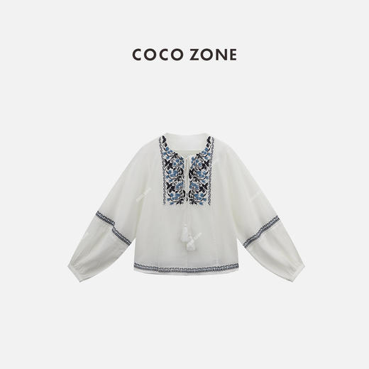 COCO ZONE "青花瓷"民族风撞色圆领衬衫宽松气质刺绣上衣CC1B1343 商品图0