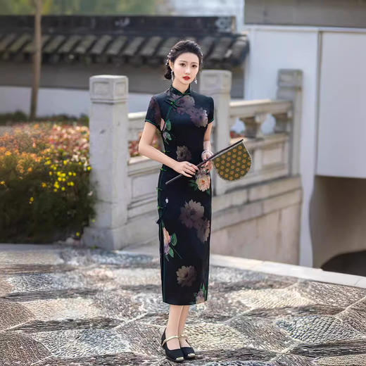 珍爱一生2024夏季丝绸提花改良气质复古老上海黑色女装长款旗袍裙 商品图3