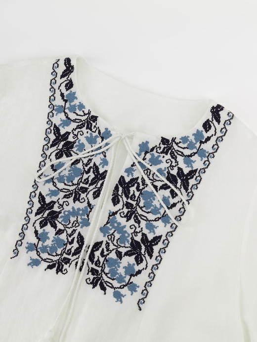 COCO ZONE "青花瓷"民族风撞色圆领衬衫宽松气质刺绣上衣CC1B1343 商品图4