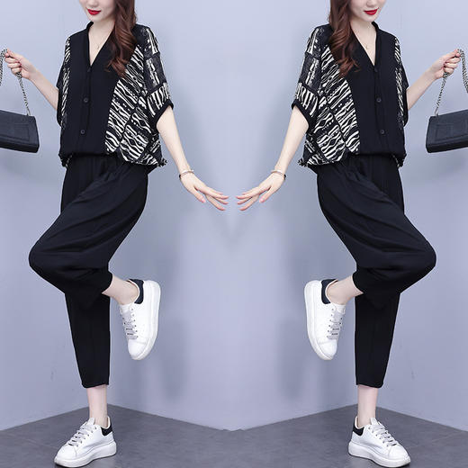 雀说时尚休闲套装新款V领单排扣条纹拼接减龄哈伦裤两件套AL7362 商品图2