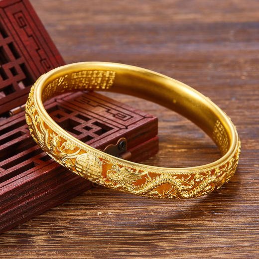 【限时克减150元】足金999 古法内百福（面宽约10-10.5mm）镂空龙凤双喜固口手镯(YGFSZ00036)（预售产品下单后不退款不退货不换货不补差价 商品图0