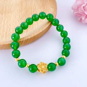 【限时7.5折】【定价黄金】足金 3D硬金荷花手链绿玛瑙间转运珠手串弹力绳成品手串（珠约8.1mm，周长约17-18cm）(AJ3DSC00216)（预售产品下单后不退款不退货不换货不补差价）