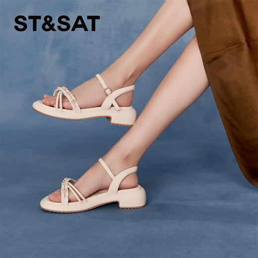 星期六优雅珍珠绊带厚底粗跟凉鞋SSC2115240 商品图0