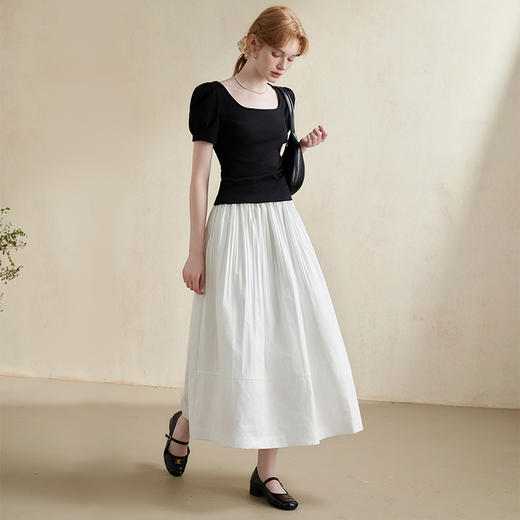 温柔文艺风肌理感半身裙女简约弹力松紧腰小白裙V2241825 商品图3