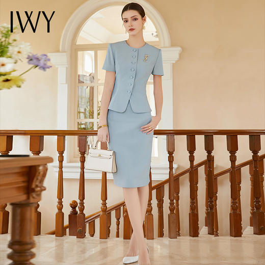 IWY/名媛范蓝色西装套裙女夏季韩版时尚短袖上衣气质职业装两件套CS2026 商品图2