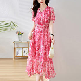 法式印花收腰显瘦，碎花气质v领连衣裙HR-6080