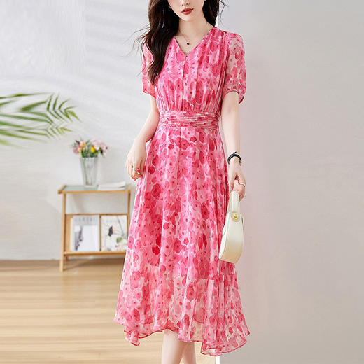 法式印花收腰显瘦，碎花气质v领连衣裙HR-6080 商品图0